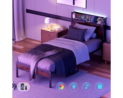 Auralum® Metalen Bedframe 90x200 cm - Eenpersoonsbed Met LED Verlichting - Stopcontacten - USB Poorten - Type C - Hoofdbord met Opbergruimte - Voor 1 persoon
