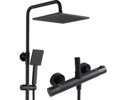 Auralum Regendouche met Thermostaatkraan - Doucheset - 25CM Vierkante Hoofddouche - Thermostatische Mengkraan - Verstelbare Hoogte 88-124 cm - Waterbesparend - Douchesysteem - Zwart