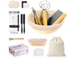 AUREVINTA® Zuurdesem Starter- en Broodbakset – 2 Rijsmanden Rond & Ovaal – Starterpot, Deegmes en Schrapers – met Linnen Broodzak