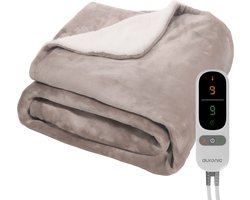 Auronic Elektrische Deken - 180 x 130 cm - 1 Persoons Warmtedeken - 9 Warmte en Timerstanden - Verwarmingsdeken - Sherpa Fleece - Taupe
