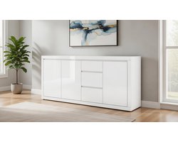 Aurora Luxe Dressoir 195x40x89 cm – Hoogglans Wit Greeploos Design met 3 Deuren & 3 LadesCasa Serena