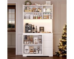 Aurora Luxe Keukenkast met LED & Stopcontact – Grote Buffetkast met 3 Laden, Glazen Deuren, Werkblad en Opbergruimte – Keuken Dressoir / Koffiebar Kast – 180 x 100 x 38,5 cm – Wit novihome