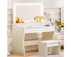 Aurora Vanity Table with LED Mirror – White Makeup Desk with 5 Drawers, Adjustable Light Modes & Built-In Power Outlets – Elegant Dressing Table with Stool, 80x40x135 cm HomeByNicole