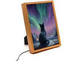 Aurora zwarte kat – 31×23 cm – Verlicht kunstwerk – LED licht portret nachtlampje – Dimbaar – Sfeerverlichting – Kinder Woon en Slaapkamer Wall Art Decor