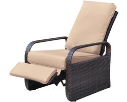 "Auteuil Met Handgeweven Rieten Tuin Liggende Verstelbare Positie Hoogte Lounge Fauteuil Met Afneembaar 5-12 Inch Dikte Gewatteerd Kussen-Aluminium Frame (Bruin Rieten + Kaki Kleur)"