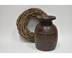 Authentieke bruine houten Nepalese pot / kruik H 31.5 cm - Oude houten Nepalese pot - landelijke sober stoer (35)