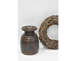 Authentieke Nepalese houten oude pot/kruik H 26 cm - oude houten authentieke pot/kruik/vaas - sober - robuust - landelijk. (78)