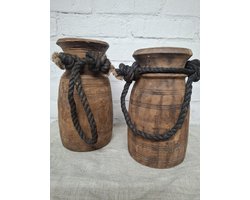 Authentieke set houten Nepalese potten H 23 / 21 cm - Set oude houten pot kruik - Landelijke sober robuust (176)