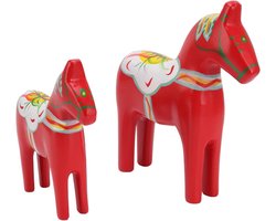 Authentieke Zweedse Houten Dala Paarden, Set van 2 Decoratieve Beelden voor Kerstversiering en Interieurdecoratie