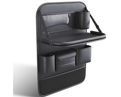 Auto Organizer met Uitklapbare Tafel – PU Leer – Rugleuning Opberger met Mesh Vak & Bekerhouders – Kinder Tafeltje voor Achterbank – Zwart – 64x45 cm