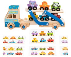 Auto transporter speelgoed met 6 houten auto speelgoed - Kinderspeelgoed vanaf 2 Jaar jongens meisjes - Voertuigspeelgoed voor het laden, lossen en transporteren - bevordert de fijne motoriek