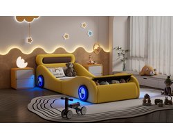 Autobed 90x200 - Gestoffeerd Kinderbed Met Lichtgevende Wielen (App) En Opbergruimte - PU - Geel - Zonder Matras