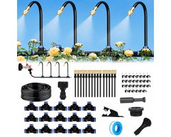 Automatisch bewateringssysteem – Tuinbewateringssysteem met 15 m slang – Irrigatiesysteem met 15 × 360° verstelbare sproeiers – Mistbewateringssysteem en plantenbewateringssysteem – Verstelbare tuinsproeier, 6 mm
