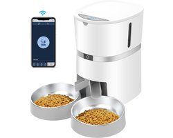 Automatische Kattenvoerautomaat met App, 2.4G WiFi, Dubbele Voerbak en Roestvrijstalen Kom, Spraakrecorder voor 6 Maaltijden per Dag