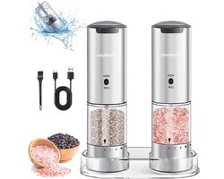 Automatische Oplaadbare Elektrische Zout- en Pepermolen met 95 ml Afwasbare Container - Uitwendig Verstelbare Grofheid voor Keuken Restaurant BBQ Geschenk (2 stuks)