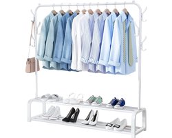 Avalo Industrieel Kledingrek - Garderoberek / Kledingrek met Schoenenrek en Haken - Wit Metaal 110x33x150 cm - Dressboy