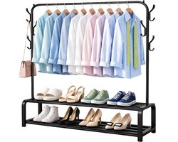 Avalo Industrieel Kledingrek - Garderoberek / Kledingrek met Schoenenrek en Haken - Zwart Metaal 110x33x150 cm - Dressboy