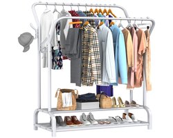 Avalo Industrieel Kledingrek met Dubbele Stang - Garderoberek / Kledingrek met Schoenenrek en Haken - Wit Metaal 110x33x150 cm - Dressboy