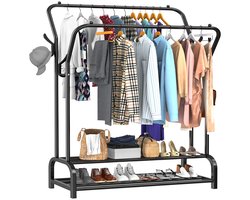 Avalo Industrieel Kledingrek met Dubbele Stang - Garderoberek / Kledingrek met Schoenenrek en Haken - Zwart Metaal 110x33x150 cm - Dressboy