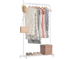 Avalo Kledingrek op Wieltjes - Verrijdbaar Garderoberek met Schoenenrek - Wit Metaal 100x40x156 cm - Dressboy