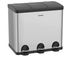 Avalo Prullenbak Afvalscheiding 60 Liter - RVS Zilver - 3 Vakken - Hygienisch & Vingerafdrukvrij - Pedaalemmer / Vuilnisbak