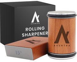 Aventra Rollende Messenslijper | Professionele Slijpsteen | Aanzetstaal | Rolling Sharpener | Duurzaam Messenslijpset | Wetsteen | Messenslijpsysteem voor Keukenmessen | Keuken Slijphoeken van 15° en 20° | BBQ Accesoires | Hout bruin