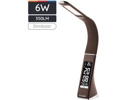 Avide LED Bureaulamp Dimbaar 6W - Met Kalender + Alarm + Klok + Thermometer Functie - Flexibele Nek - 350 lumen - Bruin