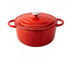 Aviro Gietijzeren Braadpan - Ø26CM - 5L - Alle Warmtebronnen Incl. Inductie - Stoofpot - PFAS-vrij - Met Deksel - Rood