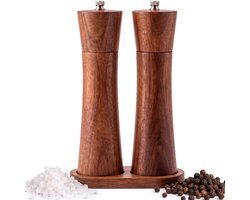 Aviro Peper- En Zoutmolenset - Acaciahout - Verstelbare Keramische Maalgraad - Incl. Houder - Pepermolen - Zoutmolen