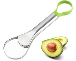 Avocado snijder – 3-in-1 avocado snij- en ontpitgereedschap – Roestvrijstalen ontpitter, snijder en lepel – Multifunctionele fruitsnijder met groene handgreep – Keukenhulpmiddel