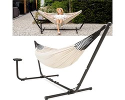 AVOID® Hangmat met Bekerhouder – Beige – Inclusief Onderstel – Voor Binnen & Buiten – Tweepersoons Hangmat – Ademend en Comfortabel Doek