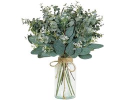 Avoik Kunstmatige Eucalyptus Takken met Glazen Vaas, 10 Stuks Kunstplantengroen Kunst Eucalyptus Stengels voor Thuis Kantoor Woonkamer Bruiloft Keuken Tafel Middelpunt Decoratie