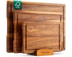 Awudha - FSC Acacia Snijplank Set 3-Delig Olie Stijl met Houder - Sapgeul, Anti-Slip Handvaten - Borrelplank, Hakblok en Snijplank voor de Keuken