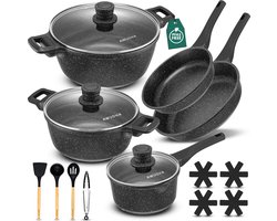 Awudha - Pannenset 16-delig Inductie & Gas – PFAS-vrij – Koudgrepen – met Glazen Deksels – Koekenpan, Steelpan & Kookpannen – Aluminium – Zwart