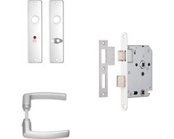 AXA Binnendeurbeslag set (Edge) Aluminium: Kruk (model Blok) op schild voor toilet/badkamer TL63-8 en slot met witte voorplaat