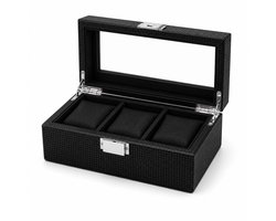 Axbo Luxe Horloge Doos – Opbergdoos – 3 Vakken – Sieradendoos – Kist - Carbon Fiber look – Verwijderbaar Kussens – Watch Box – Leder – Leer – Zwart