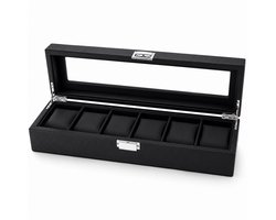 Axbo Luxe Horloge Doos – Opbergdoos – 6 Vakken – Sieradendoos – Kist - Carbon Fiber look – Verwijderbaar Kussens – Watch Box – Leder – Leer – Zwart