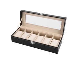Axbo Luxe Horloge Doos – Opbergdoos – 6 Vakken – Sieradendoos – Kist – Fluwelen Voering – Verwijderbaar Kussens – Watch Box – Leder – Leer – Zwart
