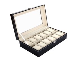 Axbo Luxe HorlogeDoos – Opbergdoos – 12 Vakken – Sieradendoos – Kist – Fluwelen Voering – Verwijderbaar Kussens – Watch Box – Leder – Leer – Zwart