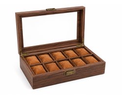 AXBO Luxe Houten Horloge-opbergdoos – 10 Horloges – Walnoot – Glazen Deksel – Watch box- Horloge kist- Houtlook