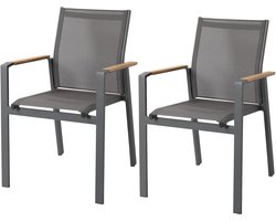 AXI Alva Aluminium Tuinstoelen Antraciet met Teakhouten Armleuning – Set van 2 – Sling Zitting en Rugleuning – Weerbestendig en Onderhoudsvrij – Modern Design voor Tuin en Terras