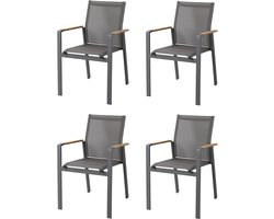 AXI Alva Aluminium Tuinstoelen Antraciet met Teakhouten Armleuning – Set van 4 – Sling Zitting en Rugleuning – Weerbestendig en Onderhoudsvrij – Modern Design voor Tuin en Terras