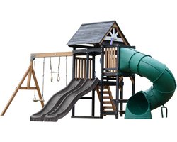 AXI Cody Speeltoestel met Schommels, Trapeze en Klimwand – Grijze Dubbele Glijbaan – Met Buisglijbaan - Met Picknickbank - FSC 100% hout – Speeltoren voor de tuin / buiten