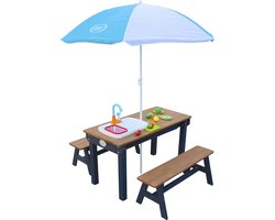 AXI Dennis Zand & Water Picknicktafel met Speelkeuken, Wastafel en losse bankjes in Antraciet/Bruin - Met Parasol in Blauw/Wit - Incl. 17-delige accessoire-set