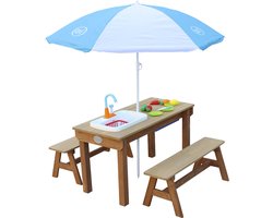 AXI Dennis Zand & Water Picknicktafel met Speelkeuken, Wastafel en losse bankjes in Bruin - Met Parasol in Blauw/Wit - Incl. 17-delige accessoire-set