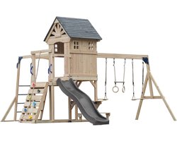 AXI Duncan Speeltoestel met Schommels, Klimrekken en Monkey Bars – Met Picknickbank - Grijze Glijbaan - FSC 100% – Speeltoren voor de tuin / buiten