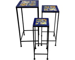 AXI Eline Mozaïek Plantentafel Vierkant Mediterrane stijl Blauw/geel - Set 3 stuks – Bijzettafels - Diverse Afmetingen - Mozaïeklook – Ingelegd met keramische tegels – Voor binnen, tuin, terras en balkon
