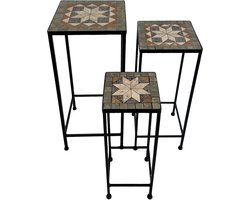 AXI Eline Mozaïek Plantentafel Vierkant Ster Grijs/bruin - Set 3 stuks – Bijzettafels - Diverse Afmetingen - Mozaïeklook – Ingelegd met keramische tegels – Voor binnen, tuin, terras en balkon