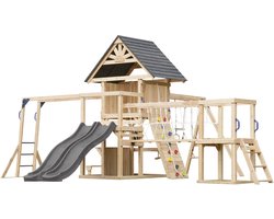 AXI Hunter Speeltoestel met Schommels, Klimrek, Klimbrug en meerdere Platforms – Grijze Dubbele Glijbaan - FSC 100% hout – Speeltoren voor de tuin / buiten