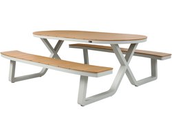 AXI Jax Picknicktafel met 2 banken Ovaal in Sandy Beige met Teak-look Polywood – Gepoedercoat aluminium frame – Tafel en banken met Polywood tafelblad en zitvlak - 200x190cm